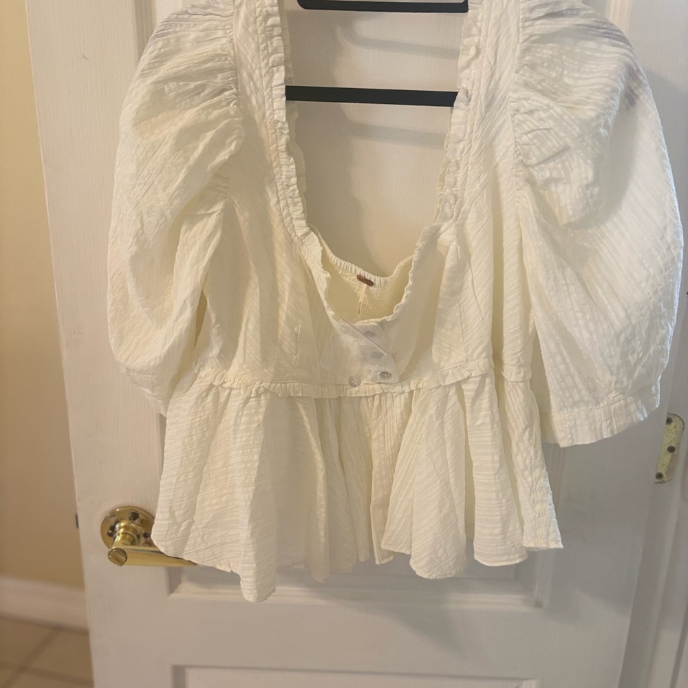 Free People Cream Blouse with Puff Sleeves